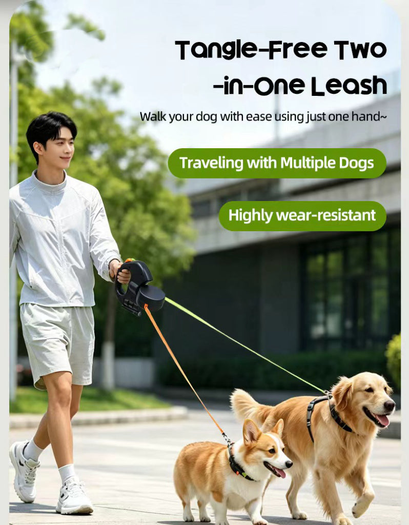 Black dual dog retractable leash with two 10-foot reflective leads