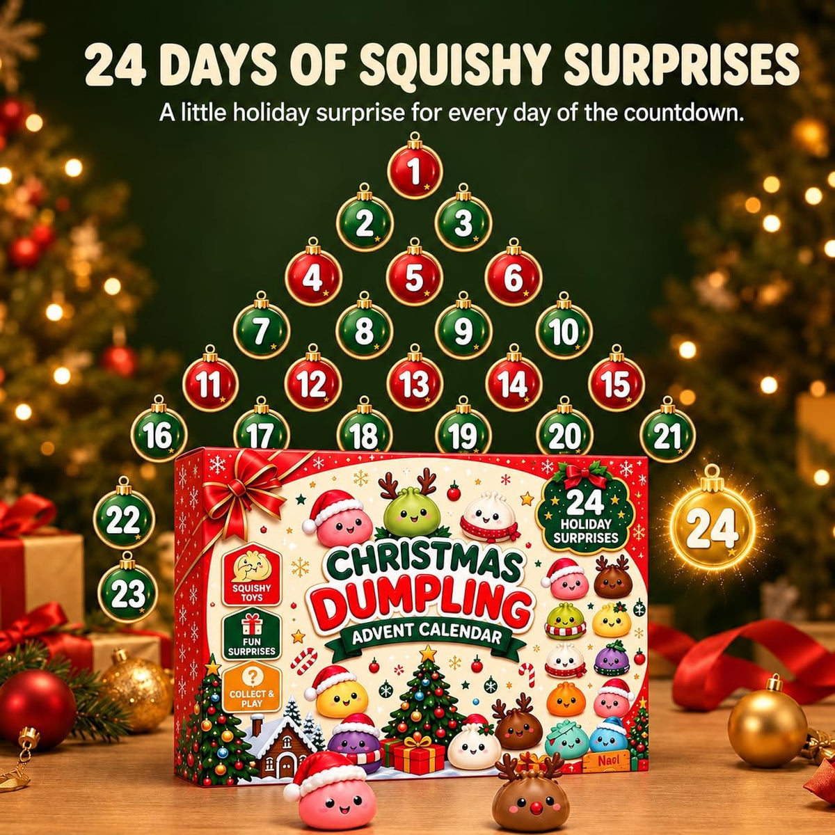 2026 Christmas Dumpling Squishies Advent Calendar | 24-Day Countdown Gifts for Adults | Festive Table Decorations