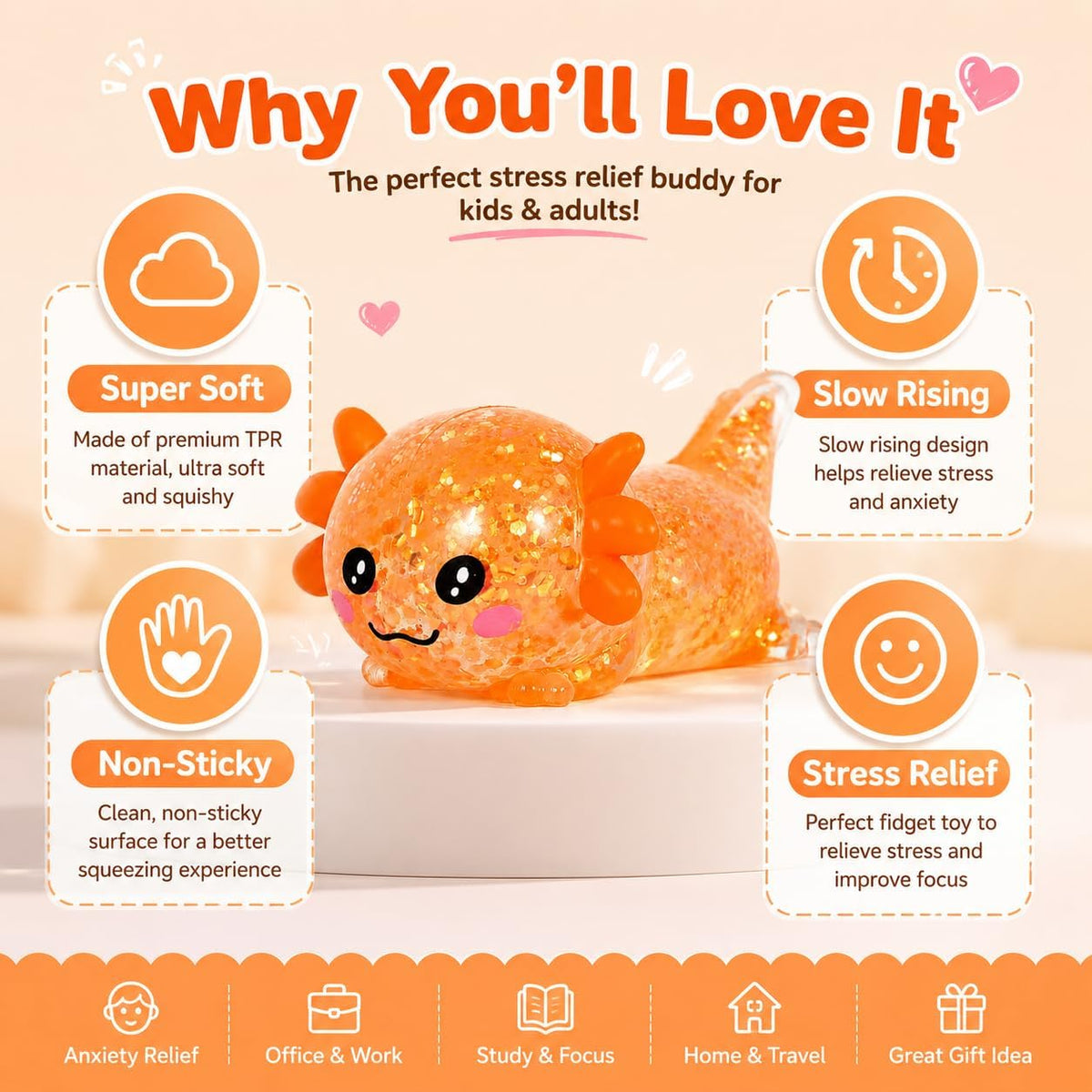Glitter Axolotl Squishy Toy – Slow-Rising Sensory Fidget Toy